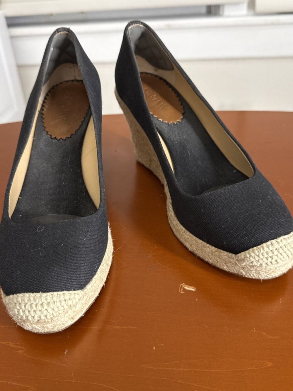 J. Crew Black Seville Espadrille Canvas Jute 3.5" Wedges Heels Shoes Womens 6.5